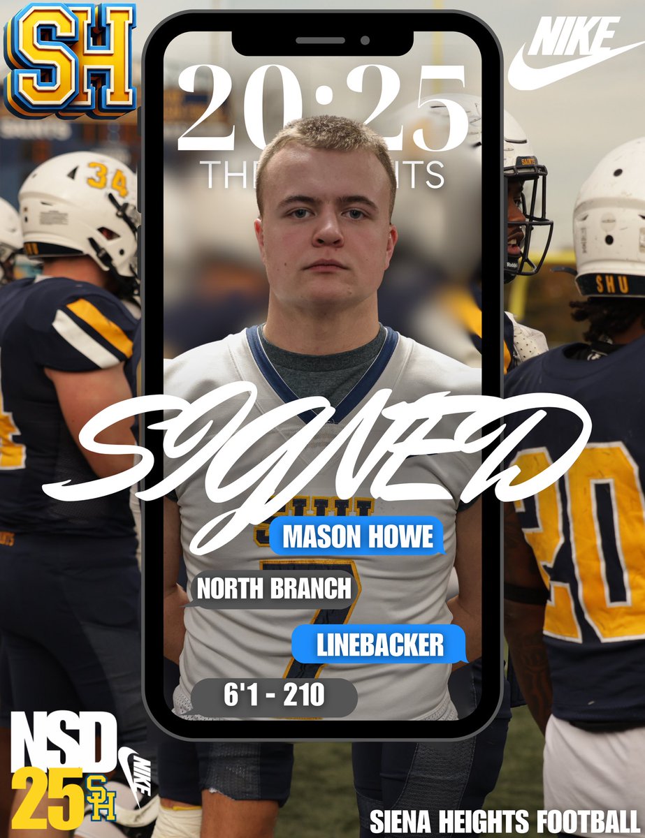 Siena Heights University Football (@sienaheightsfb) on Twitter photo 📝SIGNED
It’s official <a href="/MasonHowe15/">Mason Howe</a> is now a Saint!
Welcome to the Saints family!
#JoinTheHunt🐺 #ONE💙💛 📝SIGNED
It’s official <a href="/MasonHowe15/">Mason Howe</a> is now a Saint!
Welcome to the Saints family!
#JoinTheHunt🐺 #ONE💙💛