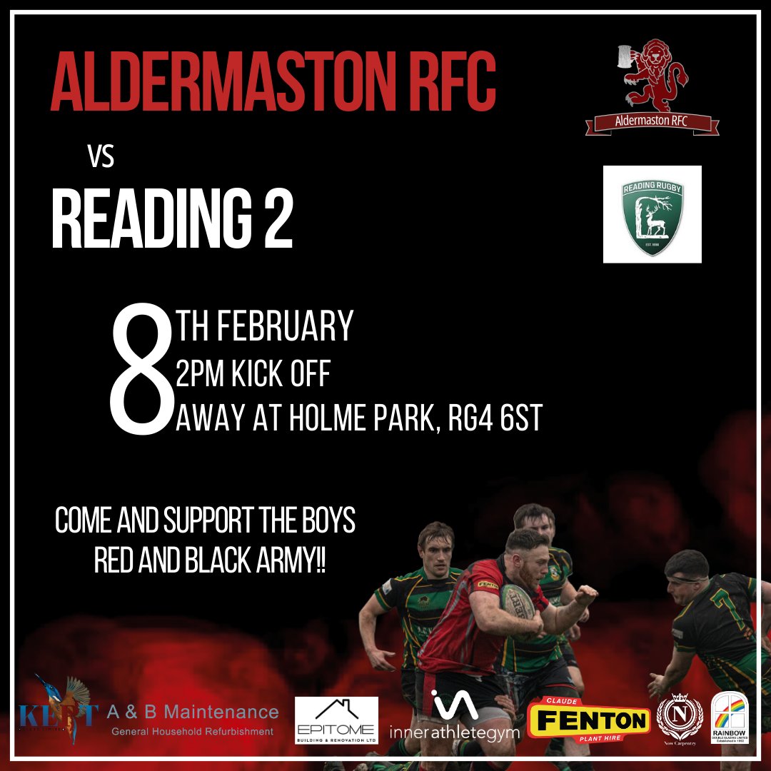 We're off to Holme Park, RG4 6ST this Saturday 8th Feb, playing against Reading. Kick-off is at 2pm, come and cheer the boys on!⁠

Thinking of playing rugby?  visit aldermastonrugby.co.uk/join-arfc/ to find out more
#AldermastonRFC #RedandBlackArmy #RFU #Berkshire #Aldermaston #ARFC