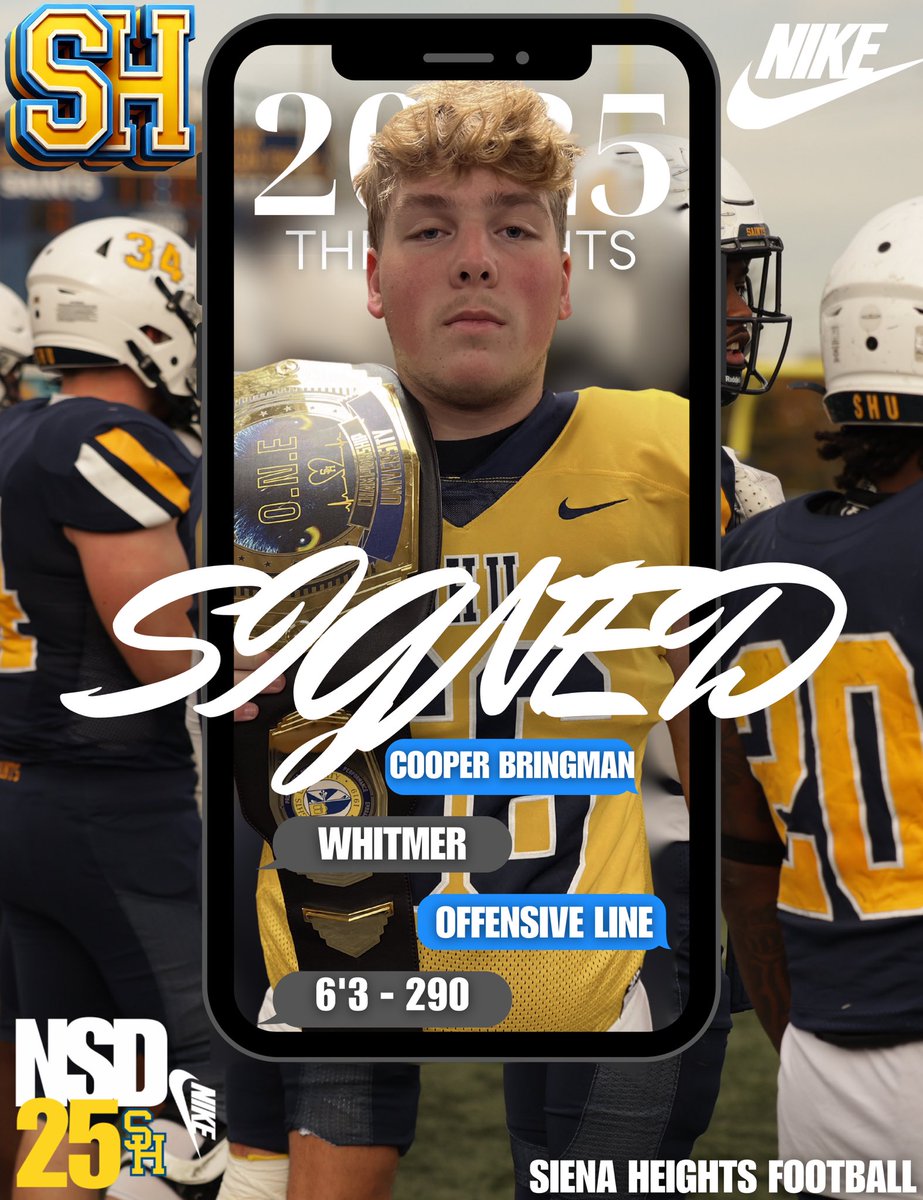 Siena Heights University Football (@sienaheightsfb) on Twitter photo 📝SIGNED
It’s official <a href="/cbring06/">Cooper Bringman</a> is now a Saint!
Welcome to the Saints family!
#JoinTheHunt🐺 #ONE💙💛 📝SIGNED
It’s official <a href="/cbring06/">Cooper Bringman</a> is now a Saint!
Welcome to the Saints family!
#JoinTheHunt🐺 #ONE💙💛