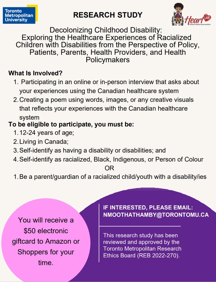SurreyPlaceON's tweet image. 📢 Recruiting research participants for a study exploring the healthcare experiences of
racialized children with disabilities. 

Please direct message us or contact us via the email in the poster if you
want to participate or learn more!

#ChildhoodDisability #Healthcare #Race