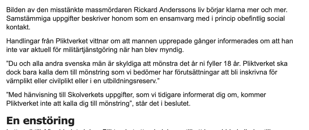 AmandaBrohman's tweet photo. "Enstöring", "Isolerad". Hur många gånger har vi inte hört detta om ensamma män som (mass)mördar? Varje gång undrar jag samma sak: vad är det som gör att dessa enstöriga män aldrig är enstöriga kvinnor? Vi måste prata mer om manligt dödligt våld, oavsett eventuella andra motiv. https://t.co/qNCf8o6Hvy