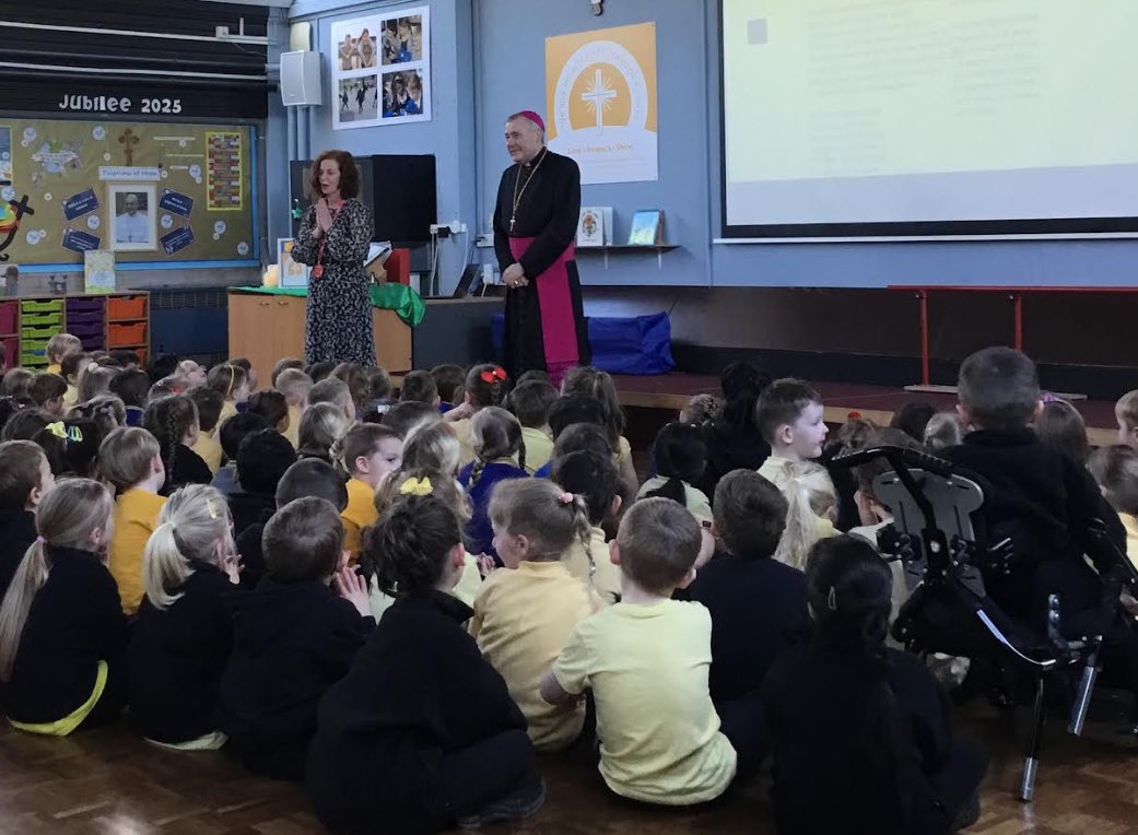 We had the privilege of welcoming Bishop Mark into our schools today. He led a whole school assembly &amp; our Faith Council had some wonderful questions for him, which helped us to find out a little bit more about him and his important role. @CheadleRCJnr <a href="/ShrewsDiocese/">Shrewsbury Diocese</a>