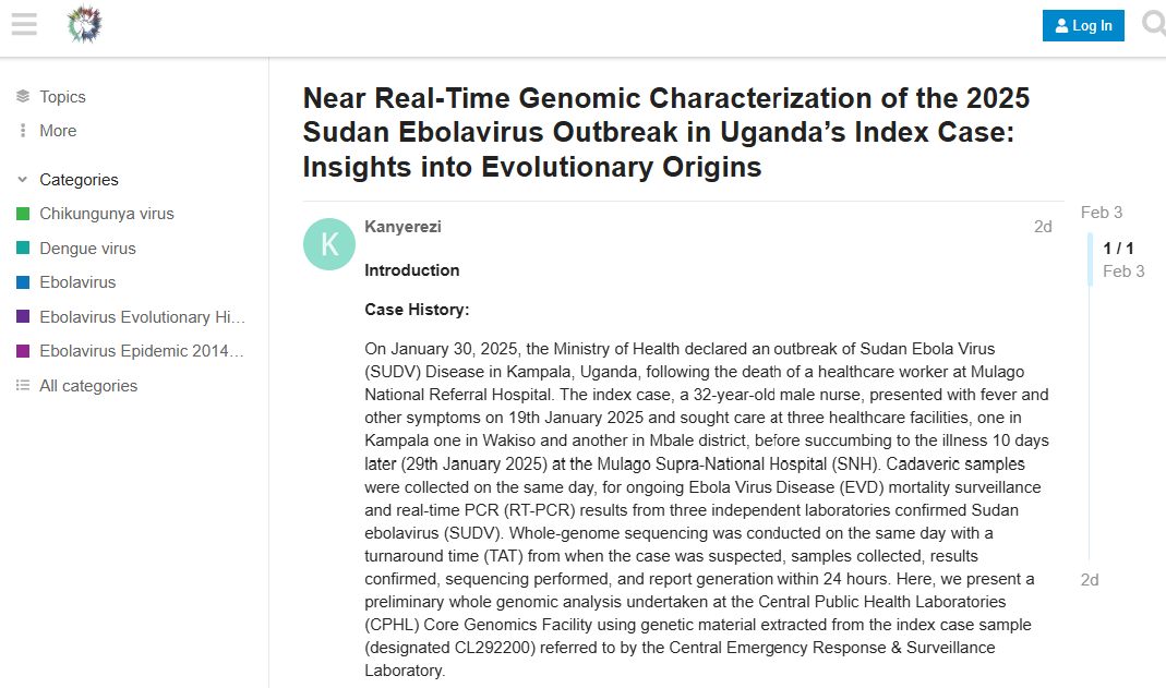 Thanks to huge efforts by Uganda’s Central Public Health Laboratory, <a href="/MinofHealthUG/">Ministry of Health- Uganda</a>, <a href="/UVRIug/">UVRI</a> @Africa_CDC, &amp; <a href="/SANBI_SA/">SANBI</a>, <a href="/UWConline/">UWC</a>, the sequence from the recent Ebola Sudan case in Kampala is now available on @Pathoplexus, with the full report available in a Virological post.

1/2