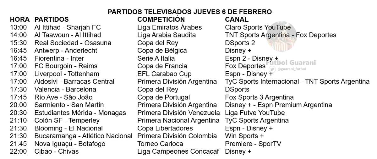 guarani_futbol's tweet photo. Partidos televisados para el jueves 6 de febrero. https://t.co/HBgjNEcsmR