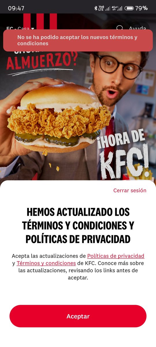 jestman85's tweet photo. @kfcecuador actualize la app y me sale que acepte los términos y condiciones y al momento de poner en ACEPTAR, me sale una alerta de que no se puede dar en aceptar.... https://t.co/1Bf8dAkFBW