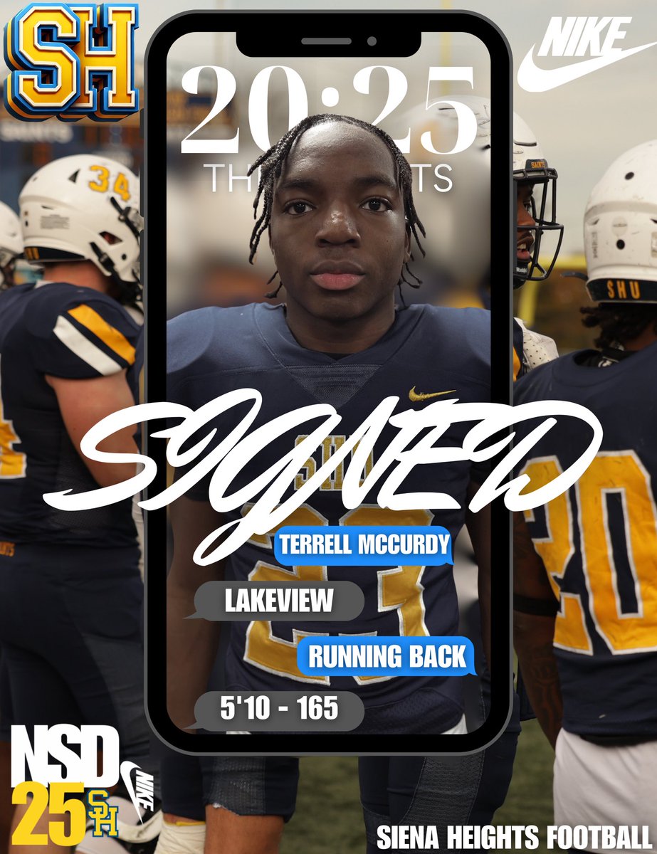Siena Heights University Football (@sienaheightsfb) on Twitter photo 📝SIGNED
It’s official <a href="/Tmack0723/">Terrell McCurdy</a> is now a Saint!
Welcome to the Saints family!
#JoinTheHunt🐺 #ONE💙💛 📝SIGNED
It’s official <a href="/Tmack0723/">Terrell McCurdy</a> is now a Saint!
Welcome to the Saints family!
#JoinTheHunt🐺 #ONE💙💛