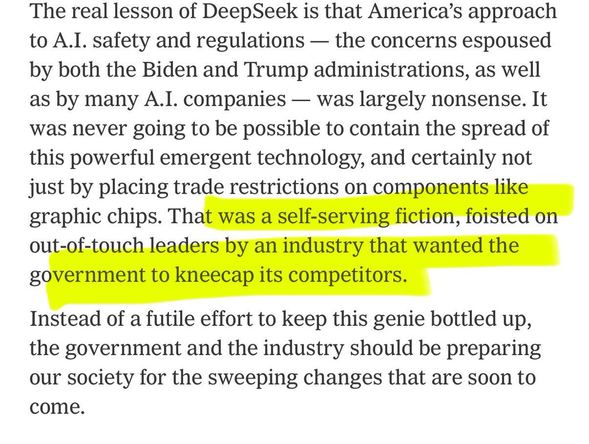 zeynep's tweet photo. As Deepseek shows: the US AI industry got Biden to kneecap their competitors citing safety and now Trump citing US dominance — both are self-serving fictions.

There is no containment. Not possible.

AGI aside — Artificial Good-Enough Intelligence IS here and the real challenge. https://t.co/I00LD8GcC6