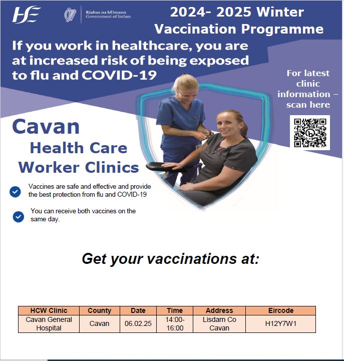 Please find below details of a Healthcare Worker Vaccination clinic taking place in Cavan this week. All Healthcare Workers should get their flu and COVID-19 vaccines to protect yourself and your loved ones this winter.
<a href="/HSELive/">HSE Ireland</a>