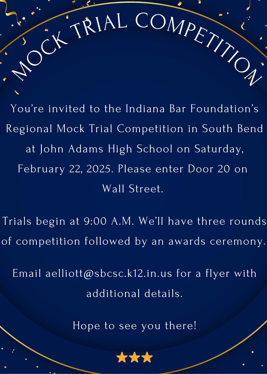 We’d love to have you join us for the Indiana Bar Foundation’s South Bend Regional Mock Trial Competition hosted by John Adams High School on Saturday, Feb. 22nd. Trials begin at 9:00 A.M. #JAHS
