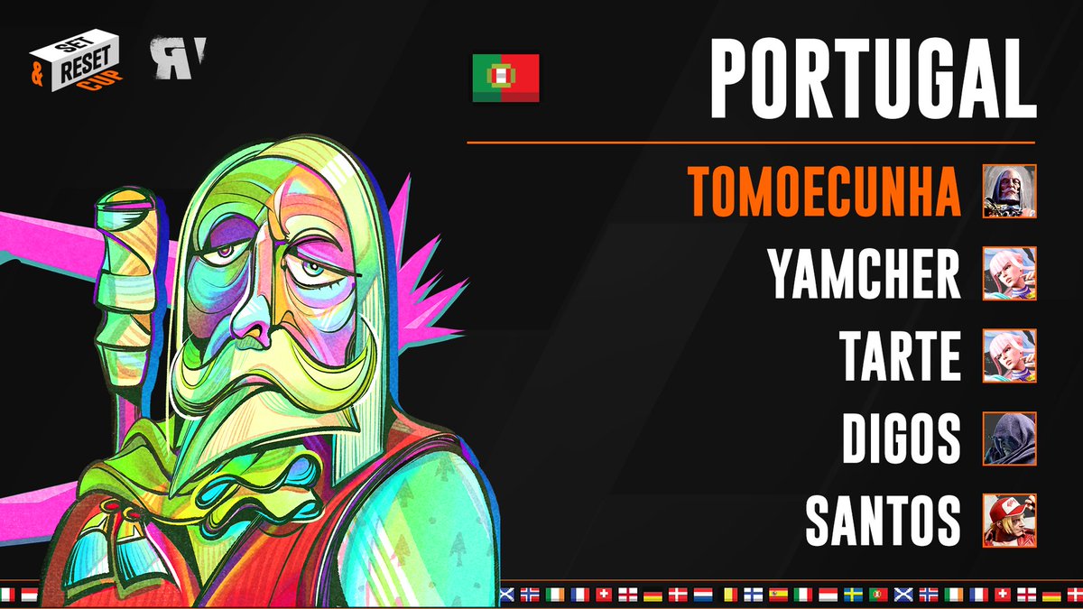 Introducing you 🇵🇹TEAM PORTUGAL!🇵🇹

Led by one of the best JPs in the continent, the team is ready to show how strong they are! Are they bringing the upsets to Set&amp;Reset cup?

<a href="/tomoecunha/">FTW | tomoecunha</a> [Captain]
<a href="/yamcher_/">Yamcher</a> 
<a href="/digos25/">diogo salgado</a> 
<a href="/tartefgc/">tarte</a>
<a href="/SANTOSfgc_/">SANTOS</a> 

Starting Feb 12!