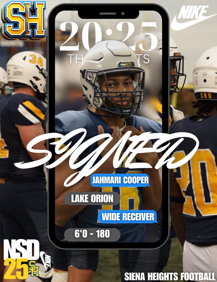 Siena Heights University Football (@sienaheightsfb) on Twitter photo 📝SIGNED
It’s official <a href="/cooperj91/">Jahmari Cooper</a> is now a Saint!
Welcome to the Saints family!
#JoinTheHunt🐺 #ONE💙💛 📝SIGNED
It’s official <a href="/cooperj91/">Jahmari Cooper</a> is now a Saint!
Welcome to the Saints family!
#JoinTheHunt🐺 #ONE💙💛