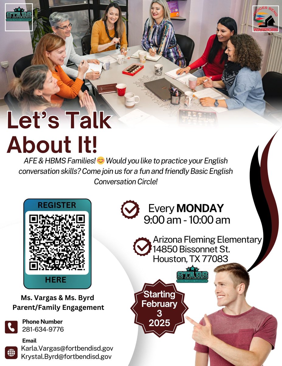 HBMS_Warriors's tweet photo. 🗣️ Let’s Talk About It! Join us for a fun and engaging English conversation workshop designed to help ESL families build their language skills through real-life topics. Let's learn, chat, and grow together! 📚✨ #ESL #LetsTalk #FamilyLearning #HBMS https://t.co/BiaPKMglPd