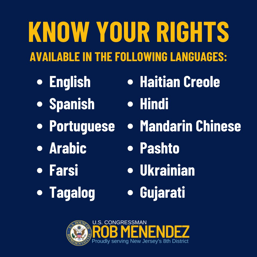 With ICE raids happening nationwide, it’s crucial to know your rights. No matter your status, you have legal protections. 

Access our Know Your Rights flyer in 12 languages here: menendez.house.gov/services/know-…
