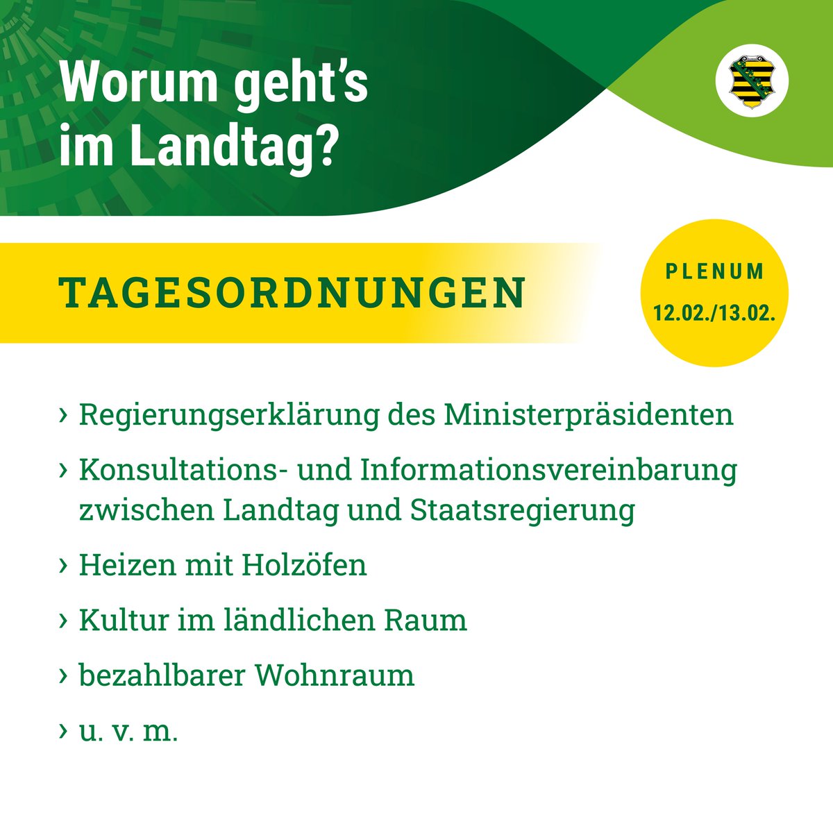 Nächste Woche im Landtag: Regierungserklärung des Ministerpräsidenten mit großer Aussprache, Konsultationsmechanismus zwischen Parlament und Staatsregierung, Holzöfen, Kultur, Wohnraum u. v. m. – zu den Tagesordnungen: landtag.sachsen.de/download/Dokum…