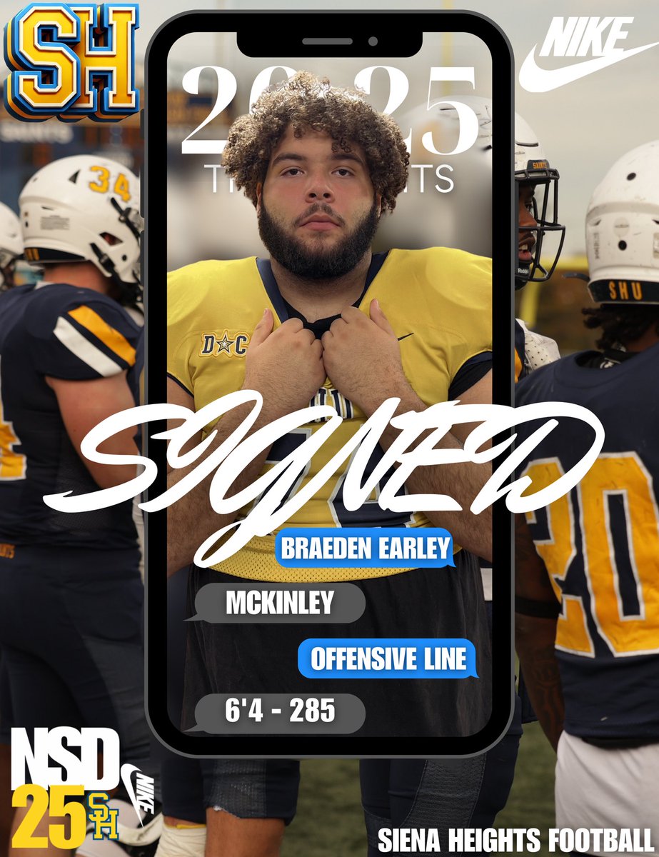 Siena Heights University Football (@sienaheightsfb) on Twitter photo 📝SIGNED
It’s official <a href="/braeden_ear2019/">Braeden Earley 25’</a> is now a Saint!
Welcome to the Saints family!
#JoinTheHunt🐺 #ONE💙💛 📝SIGNED
It’s official <a href="/braeden_ear2019/">Braeden Earley 25’</a> is now a Saint!
Welcome to the Saints family!
#JoinTheHunt🐺 #ONE💙💛