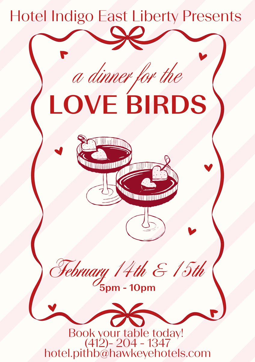 Join Hotel Indigo East Liberty for an intimate Valentine’s Dinner.  Enjoy a gourmet four course meal of your choosing, with a complimentary drink for you and your sweetheart. Book your table today at 412-204-1347! Reservations are $120 per couple, and tables are limited