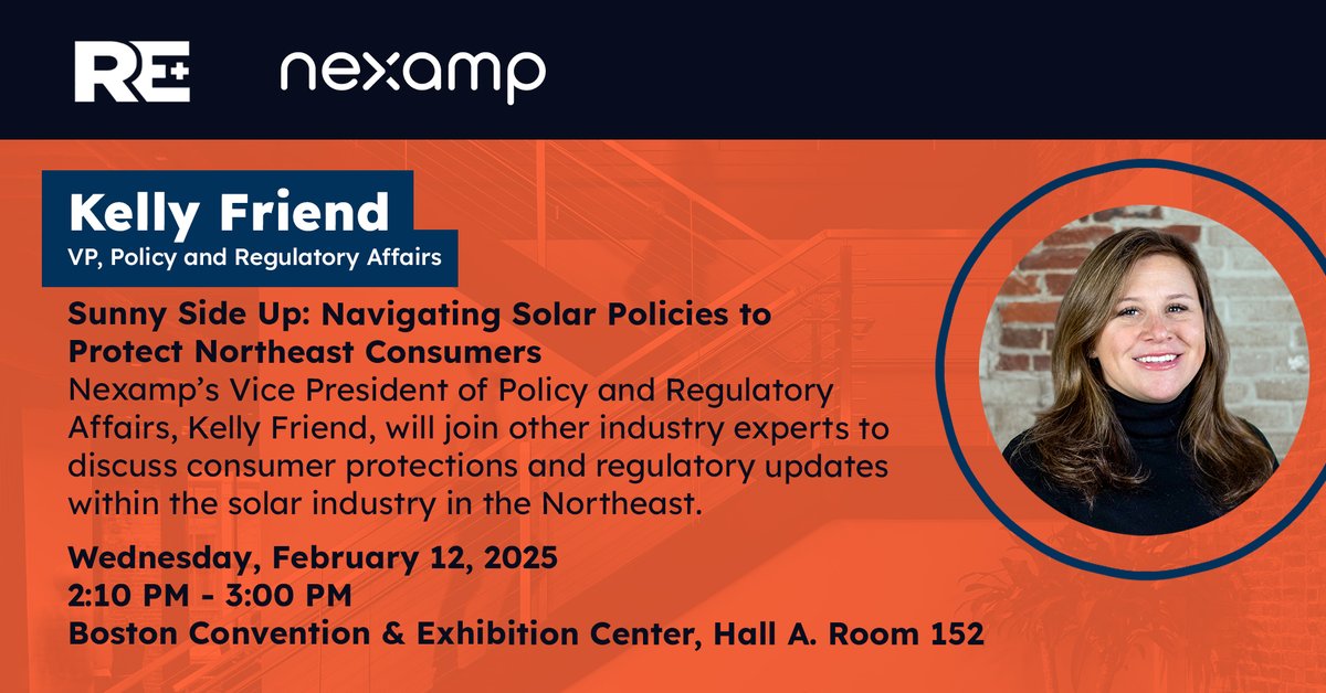 Nexamp's tweet photo. Catch Nexamp's Vice President of Policy and Regulatory Affairs, Kelly Friend, at RE+ Northeast next week! https://t.co/bO0MIGgWJJ