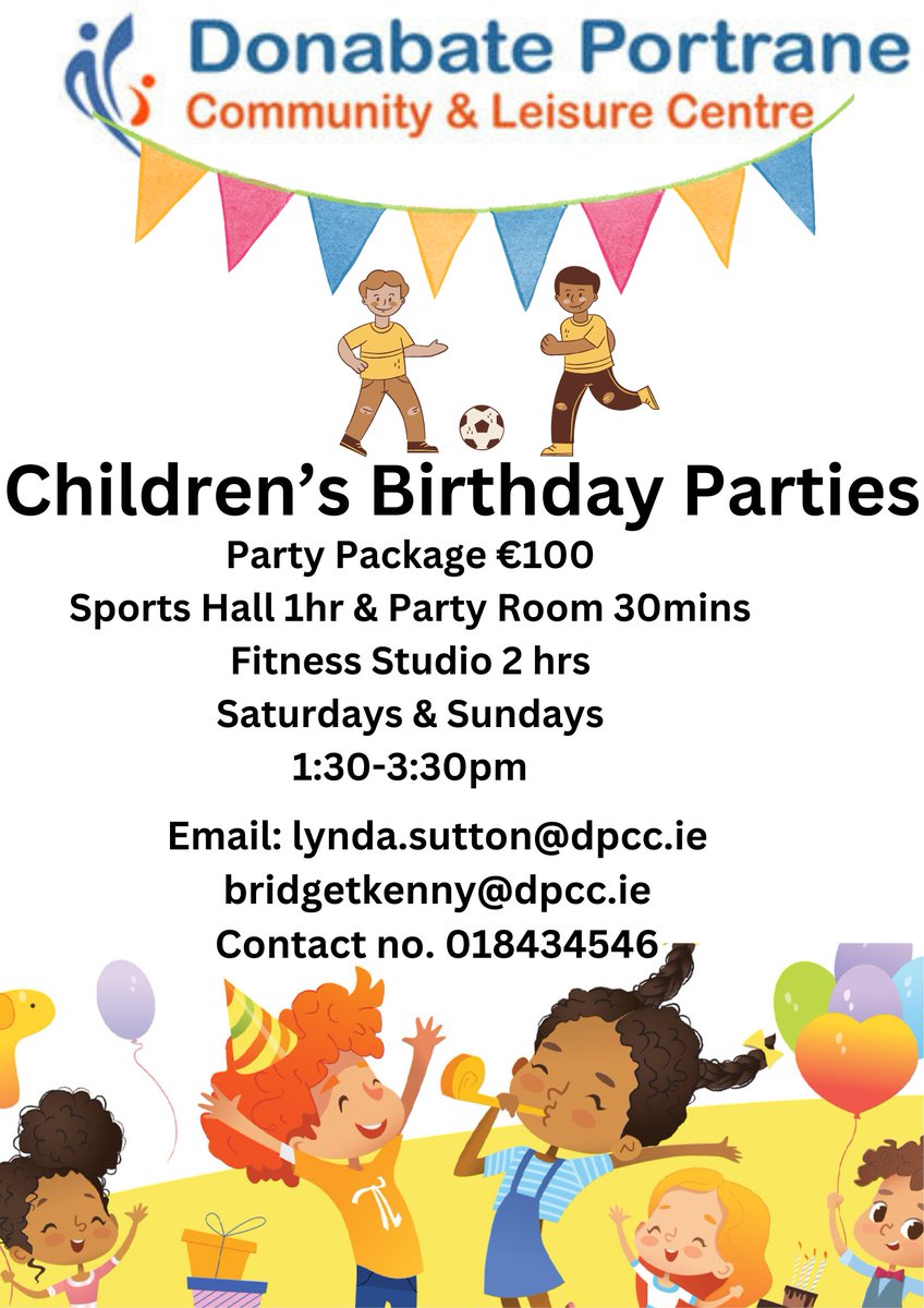DonabateComCentre (@donabatecomcen) on Twitter photo ๐ข Children's Parties return to DPCC.
Call or email us details in the poster below if you need more information.
<a href="/fingallibraries/">Fingal County Libraries</a> <a href="/Fingalcoco/">Fingal County Council</a> <a href="/JohnstonCorina1/">Cllr. Corina Johnston</a> <a href="/DonabateM/">Donabate & Portrane Local Magazine</a> ๐ข Children's Parties return to DPCC.
Call or email us details in the poster below if you need more information.
<a href="/fingallibraries/">Fingal County Libraries</a> <a href="/Fingalcoco/">Fingal County Council</a> <a href="/JohnstonCorina1/">Cllr. Corina Johnston</a> <a href="/DonabateM/">Donabate & Portrane Local Magazine</a>