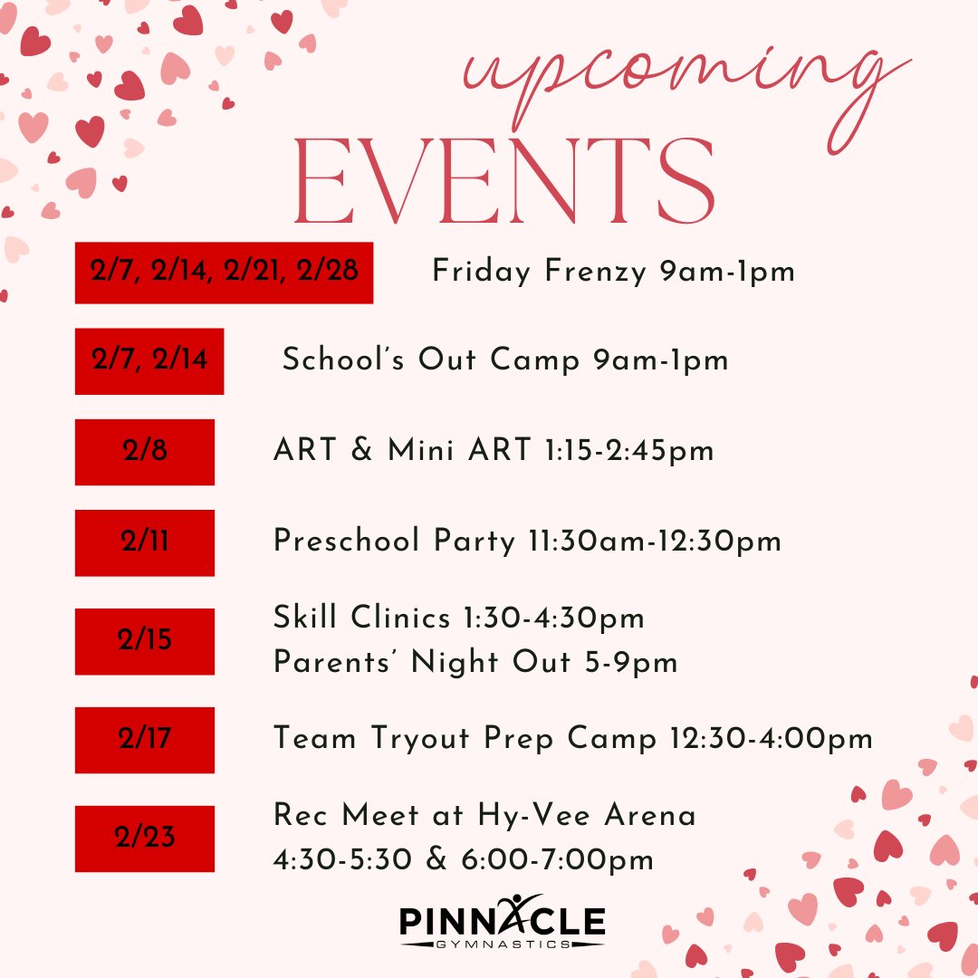 pinngym's tweet image. Explore our exciting February lineup of activities!  ❤️

#FebruaryFun #ActivityLineup #EventCalendar #Gymnastics #IndoorActivities #WinterEvents