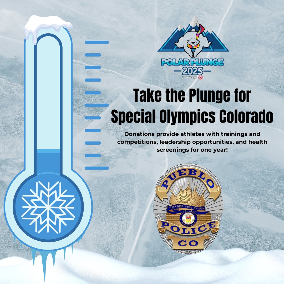 PuebloPolice1's tweet photo. We're freezin' for a reason this year! βοΈπ¦ Join us Saturday to support Special Olympics athletes in Colorado. Every dollar helps!
Donate here: https://t.co/1EzLlySq6L
#PlungeCO #SOColorado #2025PolarPlunge #FreezinForAReason #SupportSpecialOlympics #MakeADifference https://t.co/f90VIYMnYi