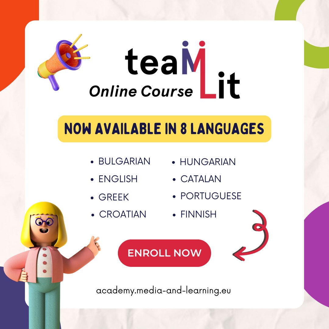📢Exciting news! 

The TeaMLit free online course ''Making Education more Media Literate'' is now available in 8 languages: Finnish, Bulgarian, Catalan, Croatian, English, Greek, Hungarian &amp; Portuguese! 🥳

Enroll now👉 ow.ly/36Ya50UNIBr
#MediaLiteracy #OnlineLearning