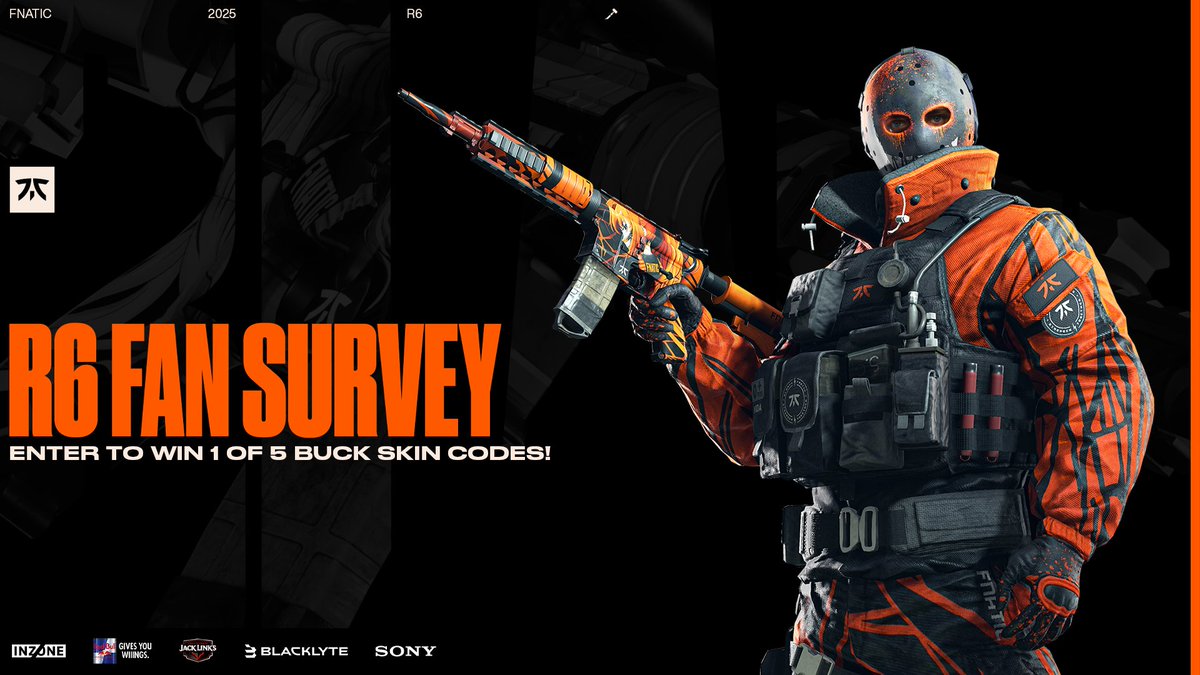 Calling all R6 Esports fans &amp; players! 🎯

Take our fan sentiment survey for a shot at winning one of FIVE Fnatic Buck skin codes. 👇🔥

fna.tc/r6-survey