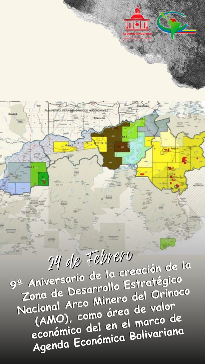 #Efeméride🗓️| En 2016, el Presidente <a href="/NicolasMaduro/">Nicolás Maduro</a> proclamó la creación de la Zona de Desarrollo Estratégico Nacional Arco Minero del Orinoco (AMO). Esta área fue definida de importancia económica dentro del Motor Minero, en el contexto de la Agenda Económica Bolivariana.
#24Feb