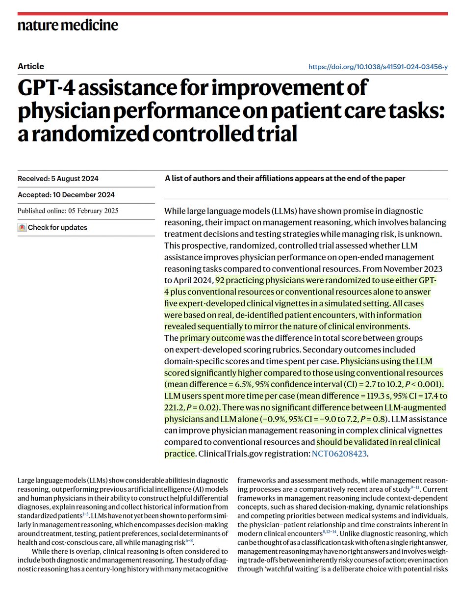Eric Topol (@erictopol) on Twitter photo A randomized trial of GPT-4 vs 92 physicians with or without this #AI LLM for performance on patient care tasks.
AI improved physician performance, on par with AI alone (based on 5 clinical vignettes) nature.com/articles/s4159… <a href="/NatureMedicine/">Nature Medicine</a> <a href="/AdamRodmanMD/">Adam Rodman</a> <a href="/jonc101x/">Jonathan H Chen MD PhD</a> A randomized trial of GPT-4 vs 92 physicians with or without this #AI LLM for performance on patient care tasks.
AI improved physician performance, on par with AI alone (based on 5 clinical vignettes) nature.com/articles/s4159… <a href="/NatureMedicine/">Nature Medicine</a> <a href="/AdamRodmanMD/">Adam Rodman</a> <a href="/jonc101x/">Jonathan H Chen MD PhD</a>