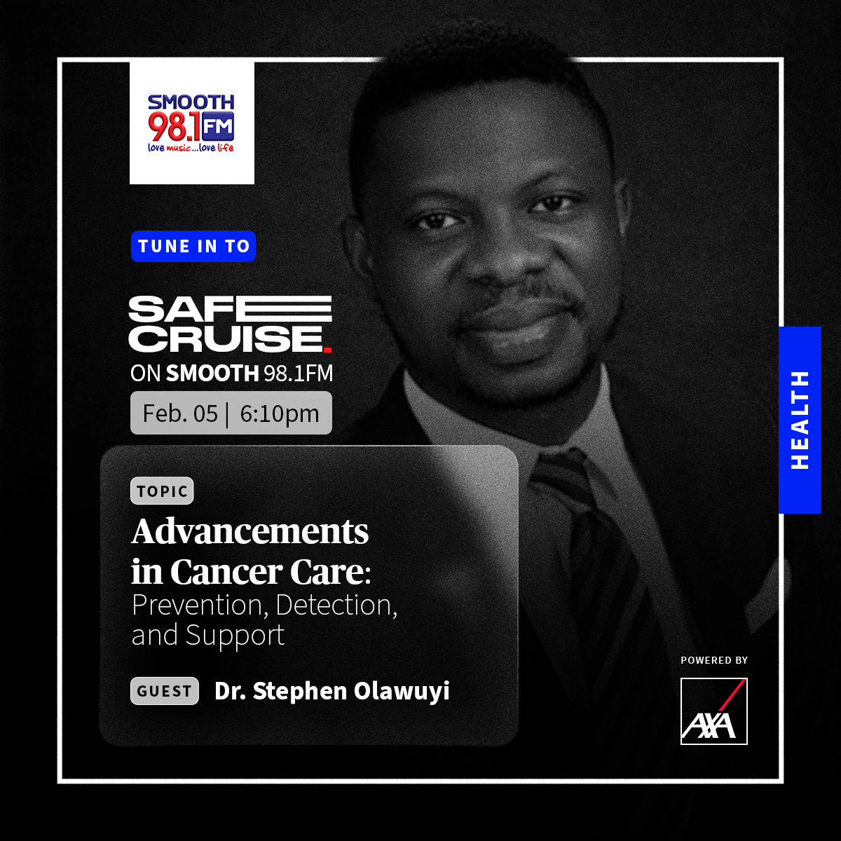 Dr. Stephen is back again on Safe Cruise this week to discuss the Advancements in cancer Care: Prevention, Detection and Support.

Don't Forget To Tune In!

#AXAMansard #knowyoucan