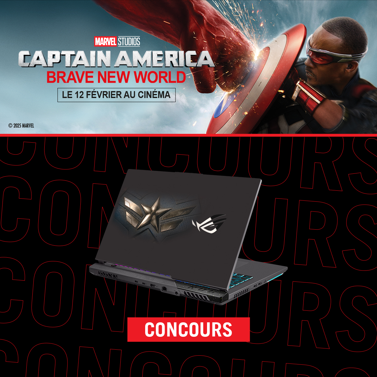 🎉 CONCOURS 🎉 Remportez le PC ROG Strix G17 aux couleurs de Captain America: Brave New World, inspiré par le bouclier du héros mythique ! Pour participer :

1. Suivez-nous
2. Retweetez ce post
3. Commentez avec les hashtags #ROG #CaptainAmerica

TAS : 26/02
Bonne chance à tous🛡️