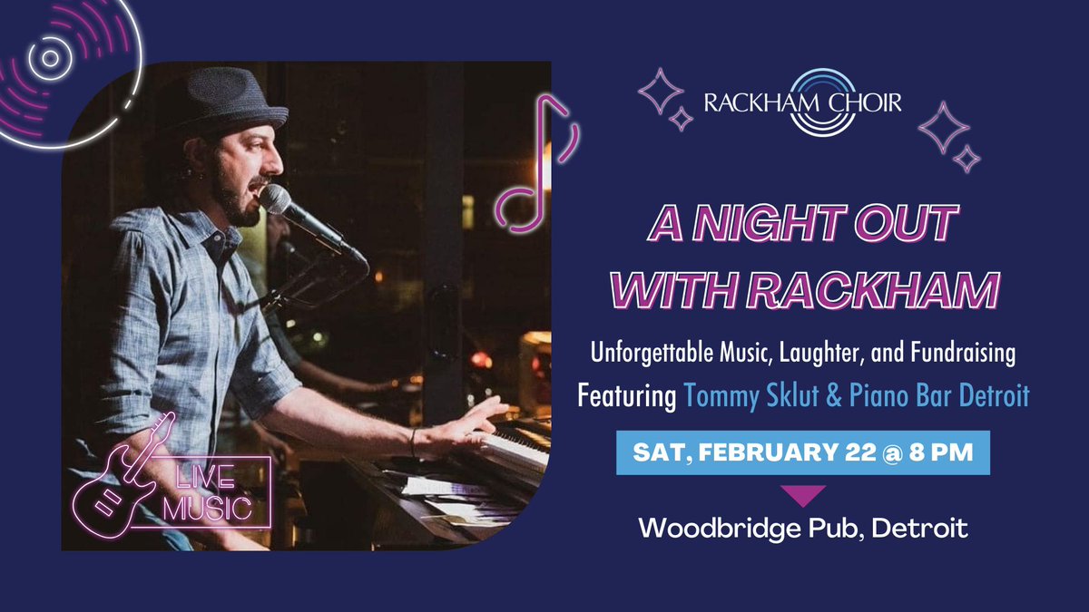 Join  us at Woodbridge Pub in Detroit for a one-of-a-kind evening featuring  Piano Bar Detroit and Rackham Choir Alum Tommy Sklut, all in support of  Rackham Choir! facebook.com/events/6273763…