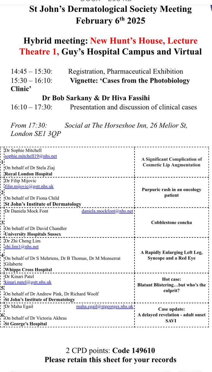 Clinical meeting 06 February. Note venue change to lecture theatre 1, New Hunt’s House, Guy’s campus.