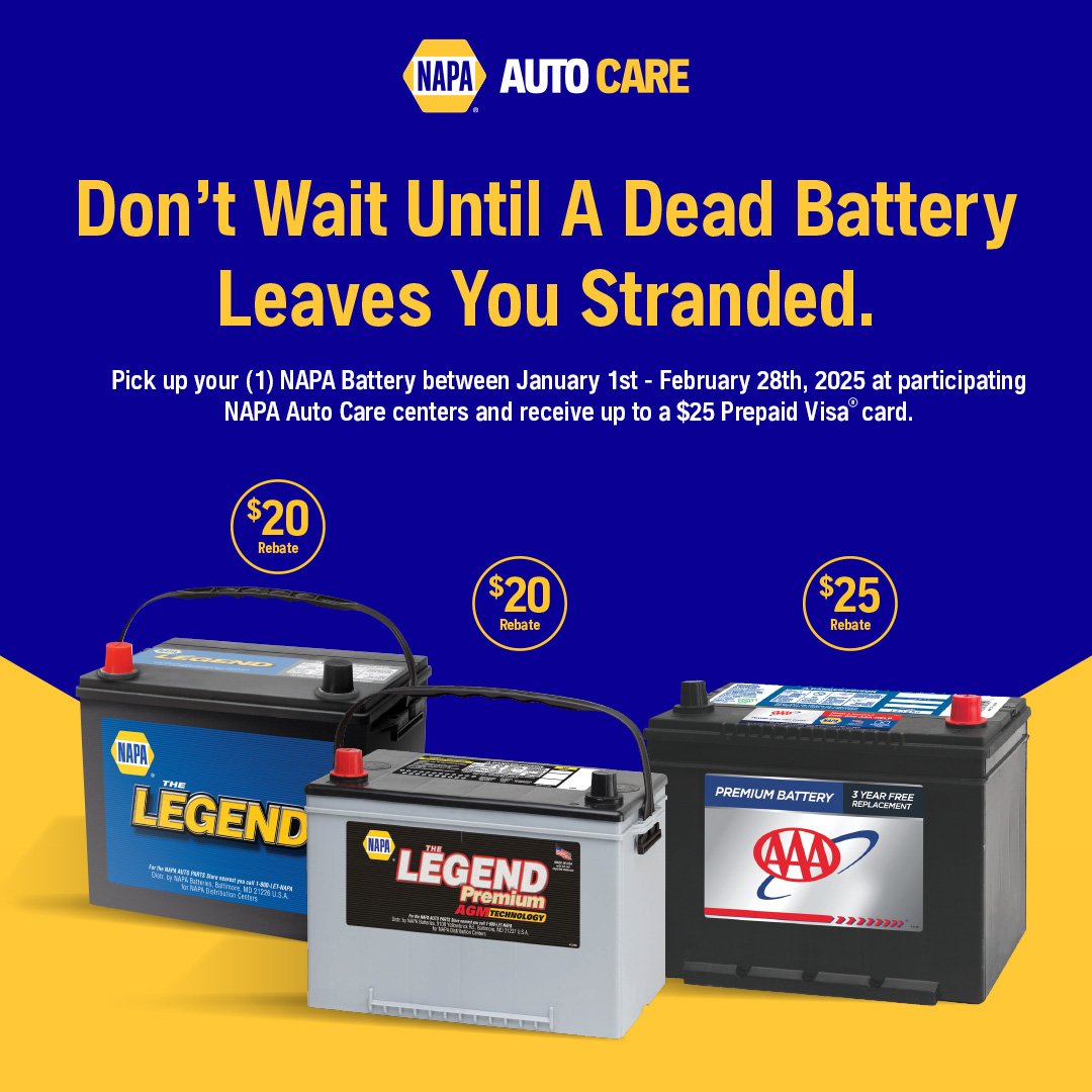 Best1Indy's tweet image. Don’t let a dead battery leave you stranded! See our service experts for a free battery check &amp;amp; get up to a $25 Prepaid Visa Card when you replace your battery w/ a NAPA Battery. 🚘🔋

💻 bestoneindy.com
#morethantires #wedothat2 #dontsettleforless #wearebestone