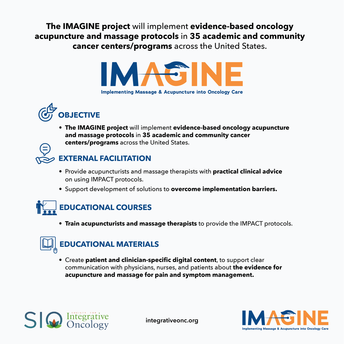 Integrativeonc's tweet photo. SIO is thrilled to announce the PCORI funding award to Dr. Jun J. Mao of MSK for the IMAGINE Project! IMAGINE will bring evidence-based acupuncture & massage protocols to 35 cancer centers across the U.S.
#IntegrativeOncology #IMAGINEProject #OncologyCare https://t.co/1cXoLyRwdq