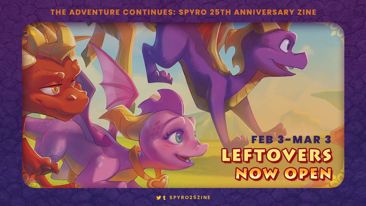 ✨ Party like it's...2025? ✨

Leftovers for The Adventure Continues: A Spyro 25th Anniversary zine are now open until March 3rd! Stock is limited, so be sure to purchase your copy now!

🛒spyrozine.bigcartel.com

🔽 Check out the bundle options below! 🔽