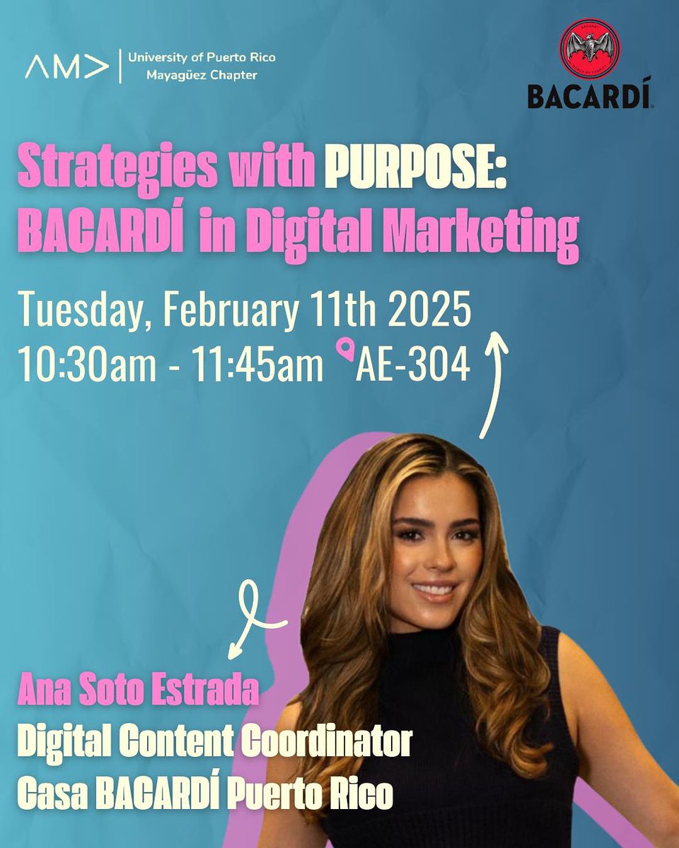 Listen Up FAMAly!!📣

We’re having an Info Session from Ana Soto Estrada, Digital Content Coordinator at <a href="/bacardipr/">Bacardi Puerto Rico</a> 
Next Tuesday, February 11, 2025 @ 10:30AM | AE-304!!!

You CAN’T miss this!!🌟
See you soon…

#ama #amauprm #adem #ademuprm #colegio #uprm #marketing