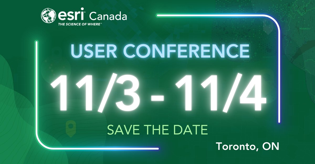 esricanada's tweet image. Save the Date - The Esri Canada User Conference is back! 

When: November 3–4, 2025
Where: Toronto, Ontario

More details coming soon—stay tuned! 

#EsriCanadaUC #GISCommunity #SaveTheDate