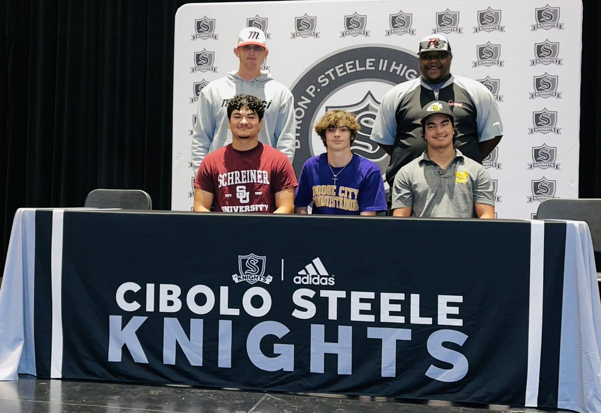Congratulations to the following <a href="/BaseballSteele/">SteeleKnightBaseball</a> players <a href="/bensoncam09/">Cameron Benson</a>, <a href="/mcglumphy_aaron/">Aaron McGlumphy</a>, <a href="/ColeHirsch27/">Cole Hirsch</a> for signing their letter of intent today to play collegiate baseball… Hirsch continuing on as a duel sport athlete in football and baseball. <a href="/GoConqsBB/">Dodge City CC Baseball</a> <a href="/RecruitMETx/">METx Recruiting</a>