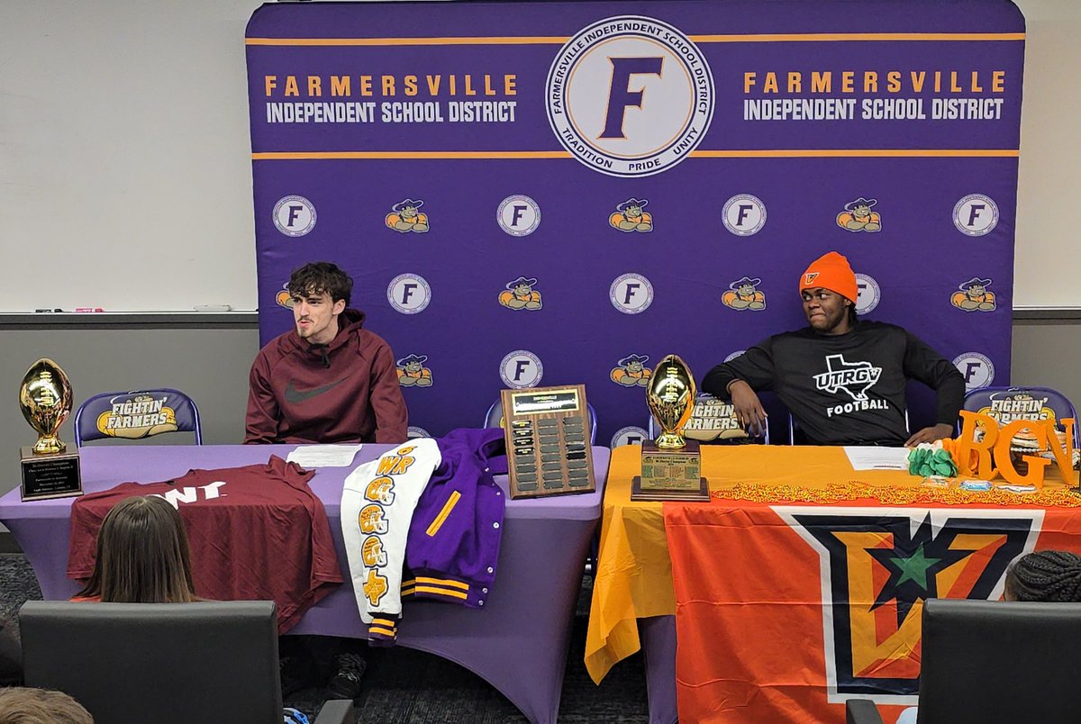 Good morning <a href="/FarmersvilleAth/">Farmersville ISD Athletics</a>. Here for college football signing for <a href="/TayshaunDavis51/">Tayshaun Davis</a> (UT-Rio Grande Valley) and <a href="/GrimesDrake6/">Drake Grimes (🌟🌟🌟)</a> (West Texas A&amp;M).