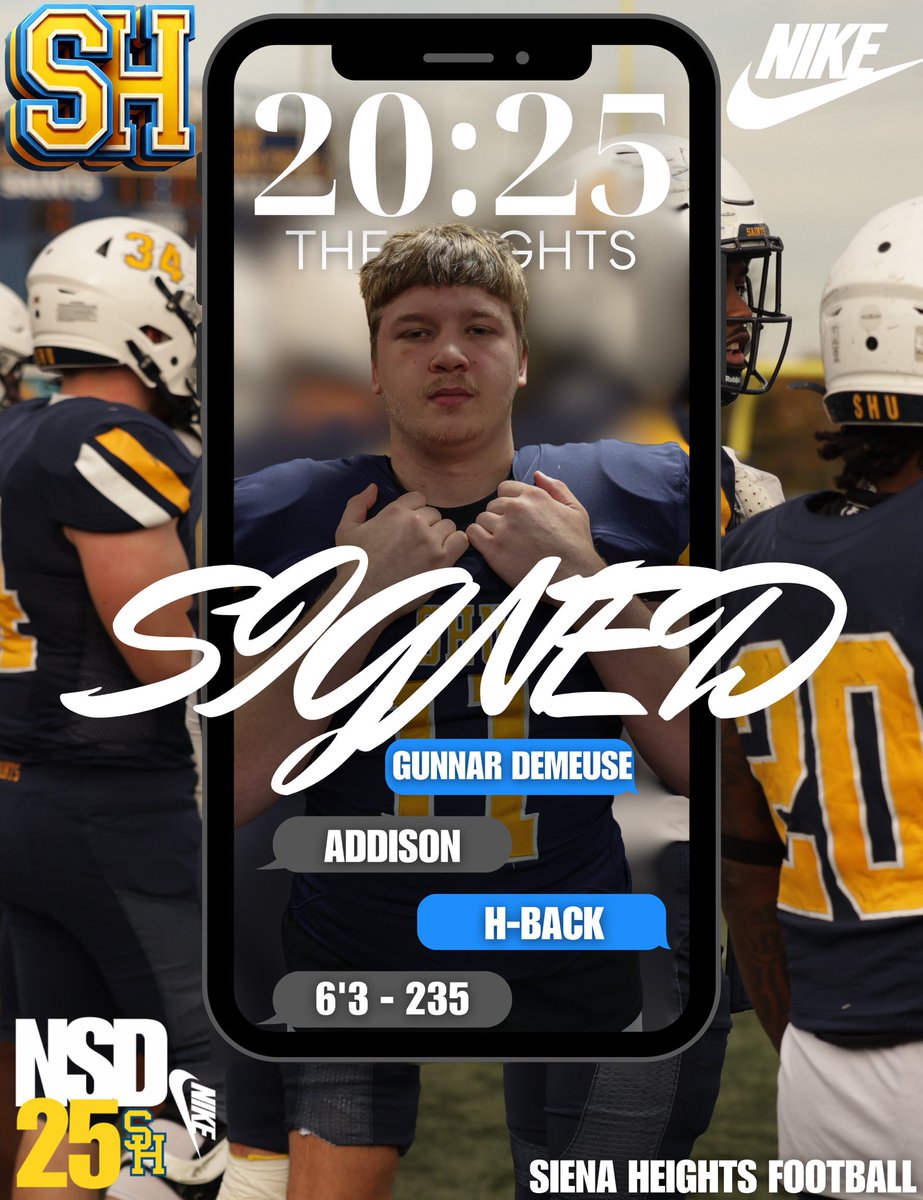 Siena Heights University Football (@sienaheightsfb) on Twitter photo 📝SIGNED
It’s official <a href="/GDemeuse1/">Gunnar Demeuse</a> is now a Saint!
Welcome to the Saints family!
#JoinTheHunt🐺 #ONE💙💛 📝SIGNED
It’s official <a href="/GDemeuse1/">Gunnar Demeuse</a> is now a Saint!
Welcome to the Saints family!
#JoinTheHunt🐺 #ONE💙💛