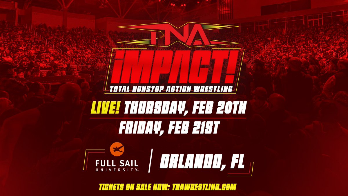 ThisIsTNA's tweet photo. #TNAiMPACT will be LIVE from @FullSail University in Orlando, FL on Thursday, February 20, followed by TV Tapings on Friday, February 21. 

Tickets for both events are on-sale now!

Feb 20: https://t.co/5JLhTfzpye
Feb 21: https://t.co/UQFS4OKtan https://t.co/H3zvI89MmC