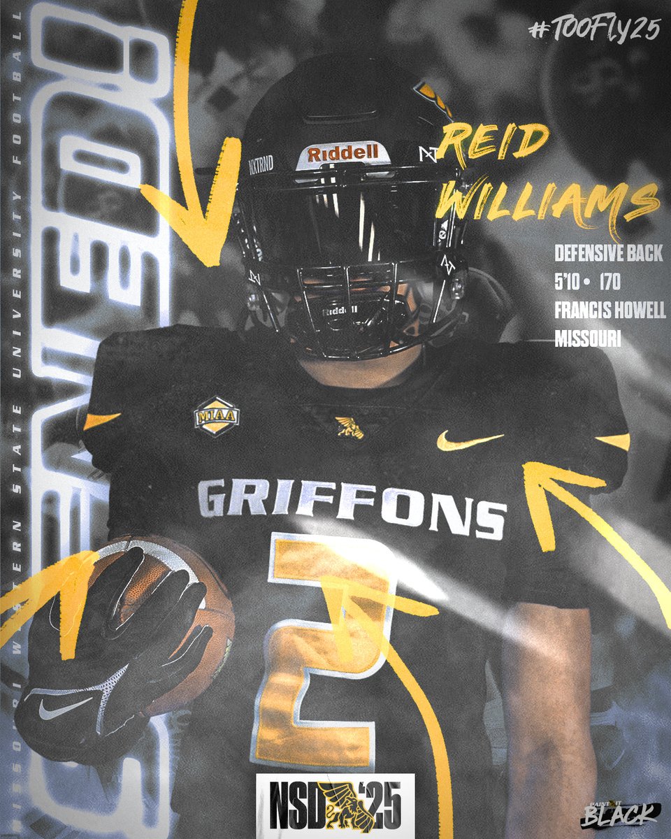 MWSU_Football's tweet photo. 𝓢𝓲𝓰𝓷𝓮𝓭 ✍️
Welcome to the Griffon Black &amp; Gold, Reid Williams (@Reid_Williams_2 )

🏈Defensive Back | 5-10 | 170
📍Saint Charles, MO
🏫Francis Howell HS➡️MWSU
🔗https://t.co/nktaja4MKH

#TOOFLY25 | #NSD25 https://t.co/3c58uZYRHJ