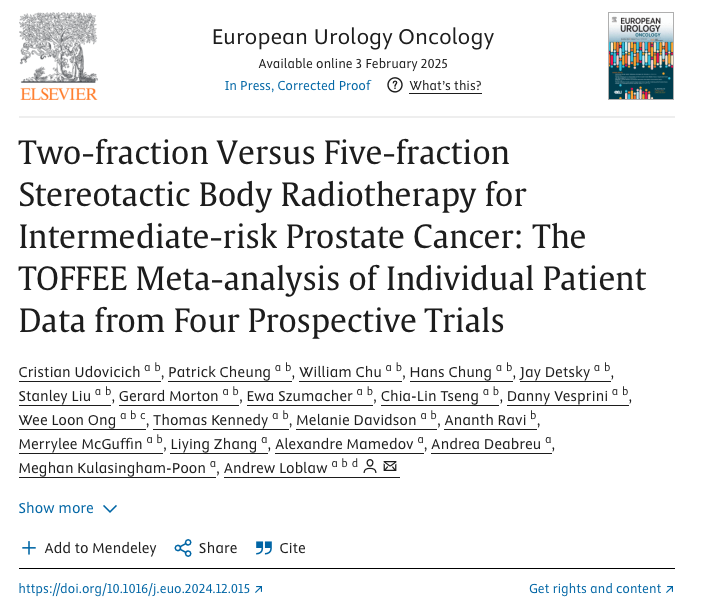Two-fraction Versus Five-fraction Stereotactic Body Radiotherapy for Intermediate-risk Prostate Cancer: The TOFFEE Meta-analysis of Individual Patient Data from Four Prospective Trials out on <a href="/EurUrolOncol/">European Urology Oncology</a> 

sciencedirect.com/science/articl…

This meta-analysis of individual patient data