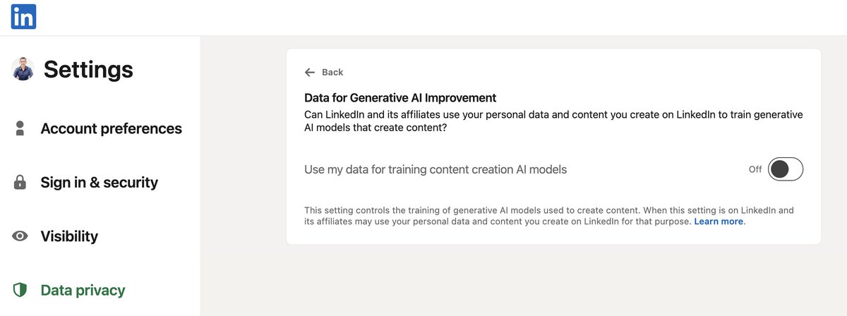 If you don't want LinkedIn to use your personal data or other information for GenAI learning, here is the setting to turn it off.

#genai #training #personaldata #privacy