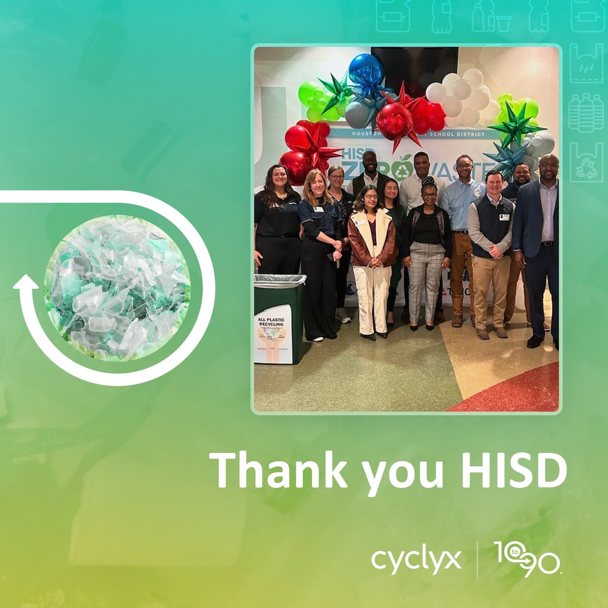 10to90's tweet photo. Cyclyx is proud to partner with HISD and its community to support their journey toward achieving zero waste on campuses. 

Last month, our Houston Director of Programs, Zach Divin, joined the launch of the HISD Zero Waste Initiative to celebrate their commitment to sustainability and a cleaner, greener future. 

To learn more about Cyclyx, visit https://t.co/95xWmwUSnZ.