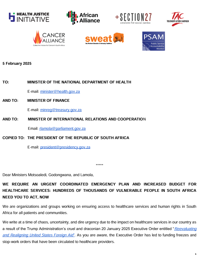African Alliance (@afri_alliance) on Twitter photo JUST IN>> We, a group of South African health advocacy groups, have written to <a href="/HealthZA/">National Department of Health</a>, <a href="/DIRCO_ZA/">DIRCO South Africa</a>, <a href="/PresidencyZA/">The Presidency ๐ฟ๐ฆ</a> & <a href="/TreasuryRSA/">National Treasury</a> to demand an urgent plan to address the local consequences of Executive Orders, Court rulings and waivers coming from Washington. Read it in full JUST IN>> We, a group of South African health advocacy groups, have written to <a href="/HealthZA/">National Department of Health</a>, <a href="/DIRCO_ZA/">DIRCO South Africa</a>, <a href="/PresidencyZA/">The Presidency ๐ฟ๐ฆ</a> & <a href="/TreasuryRSA/">National Treasury</a> to demand an urgent plan to address the local consequences of Executive Orders, Court rulings and waivers coming from Washington. Read it in full
