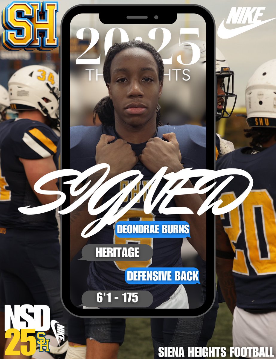 Siena Heights University Football (@sienaheightsfb) on Twitter photo 📝SIGNED
It’s official <a href="/DJ_Burns6/">DeOndrae Burns</a> is now a Saint!
Welcome to the Saints family!
#JoinTheHunt🐺 #ONE💙💛 📝SIGNED
It’s official <a href="/DJ_Burns6/">DeOndrae Burns</a> is now a Saint!
Welcome to the Saints family!
#JoinTheHunt🐺 #ONE💙💛