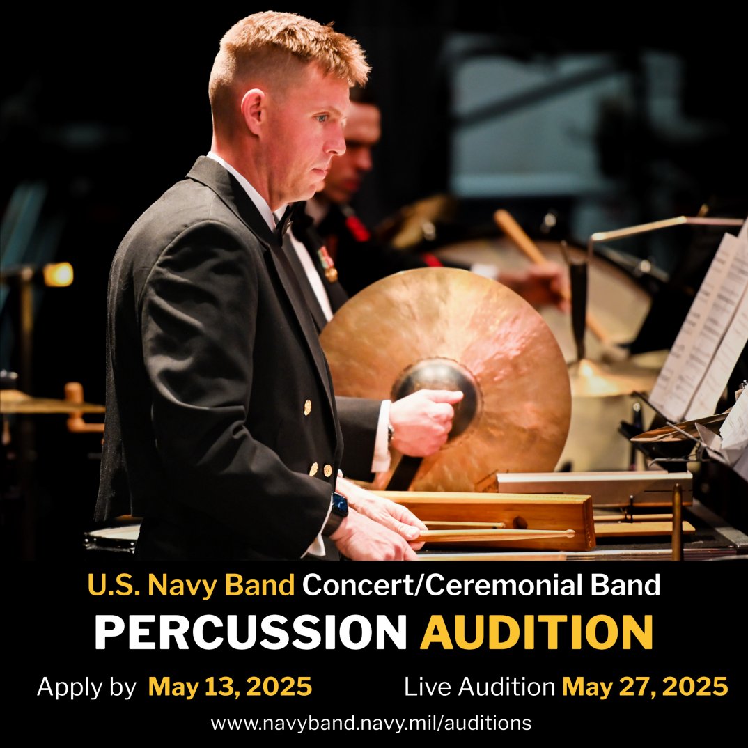 We're hiring! The United States Navy Band has an immediate vacancy for Percussionist in the Concert and Ceremonial Band. Auditions will be held on May 27-28, 2025 with applications due by May 13, 2025. #usn 

Visit our website for more information: navyband.navy.mil/career-opportu…