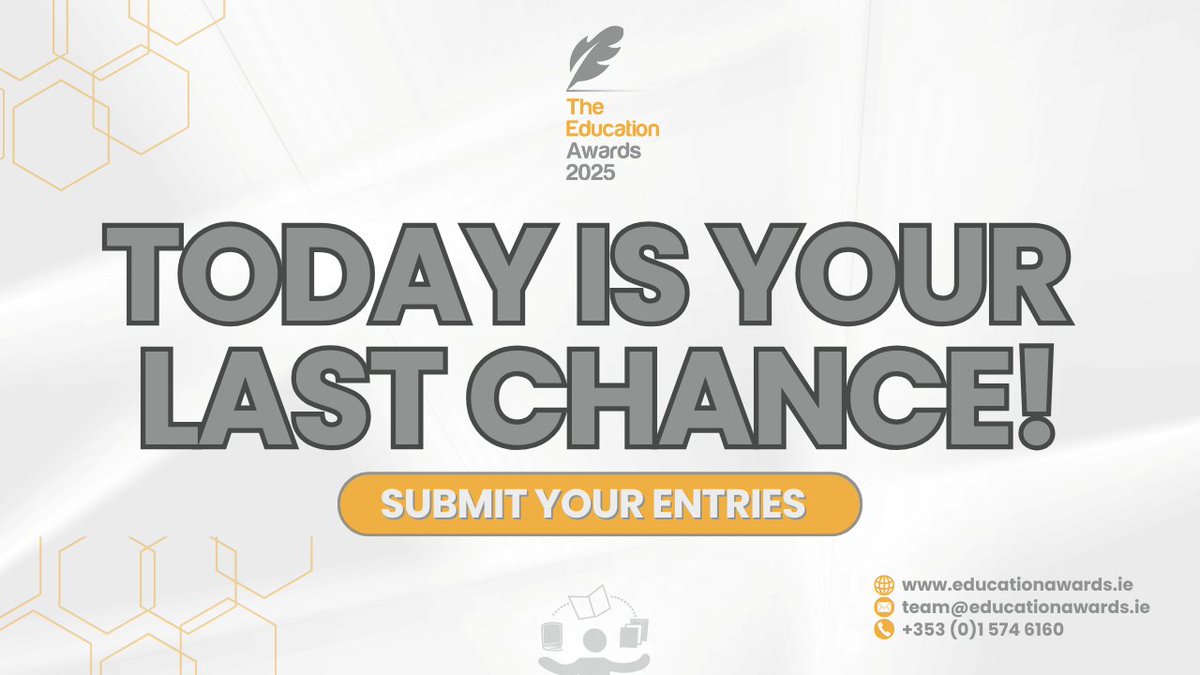 The deadline is here! Entries for the Education Awards 2025 close today. Will your organisation be part of this year’s celebration of excellence? 

Submit now and download the Winners Toolkit for final guidance: landing.educationawards.ie/Education-Awar…