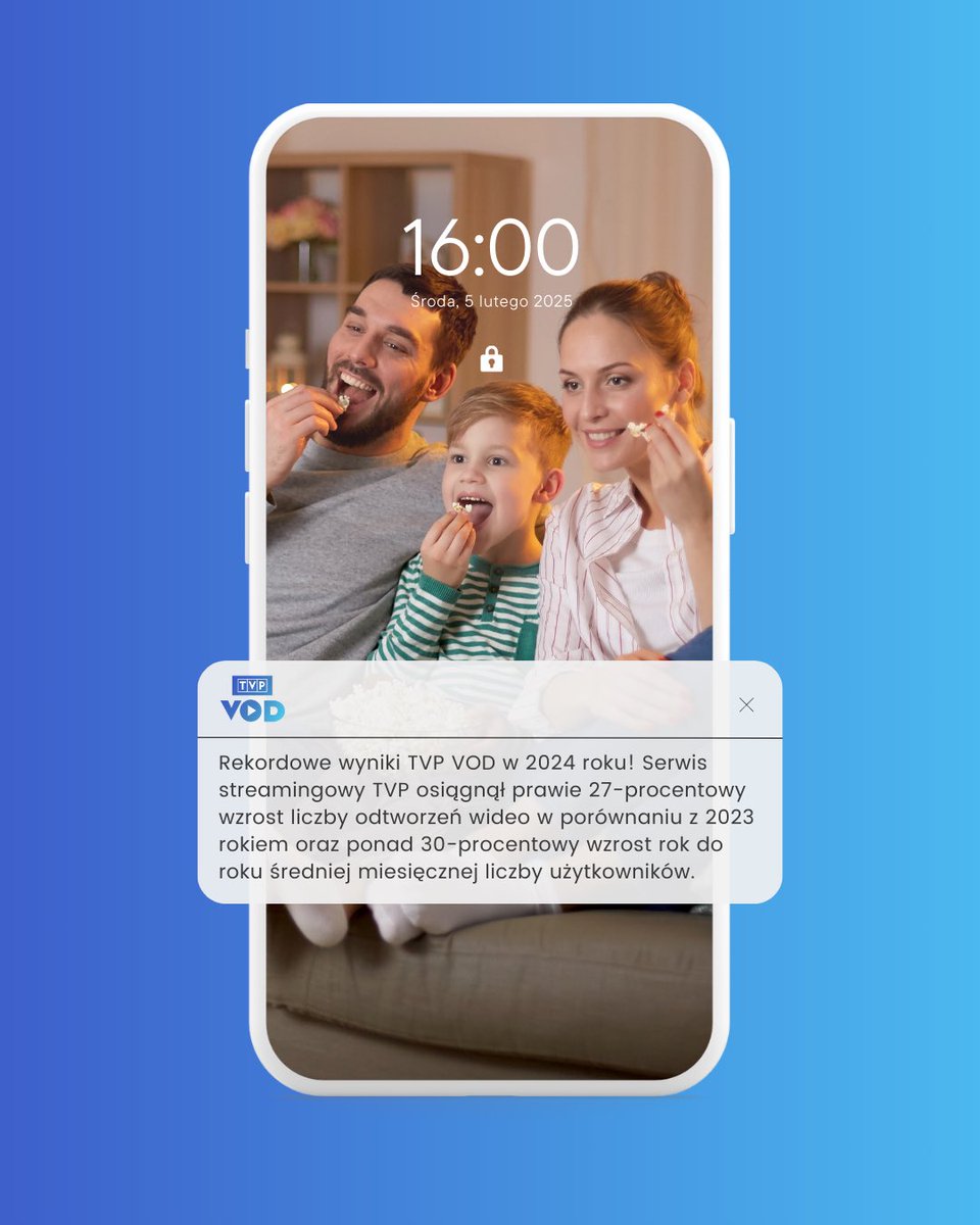 Rekordowe wyniki #TVPVOD w 2024 roku! 🔝

Serwis streamingowy TVP osiągnął prawie 27-procentowy wzrost liczby odtworzeń wideo oraz ponad 30-procentowy wzrost średniej miesięcznej liczby użytkowników rok do roku. To najlepsze wyniki w historii serwisu! 👏